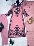 Georgette kurta with dupatta and cotton bottomwear, heavy embroidery work, Indian party wear, three-quarter sleeves" (≤125 characters)