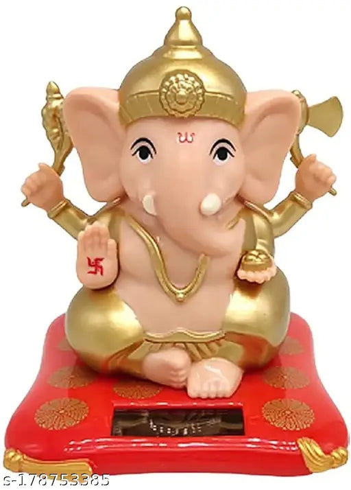 White and red plastic solar-powered hand shaking Lord Ganesha statue for car dashboard or office decor, symbolizing growth, success, and good fortune