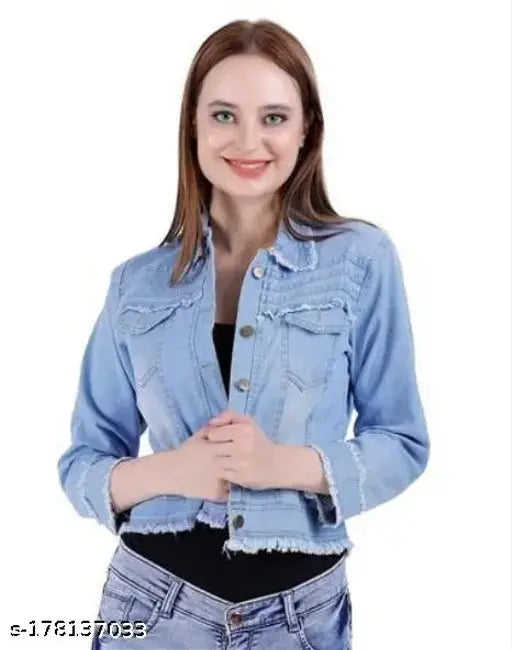 Denim blue teen patti jacket, solid pattern for women, long sleeves, size S-XL