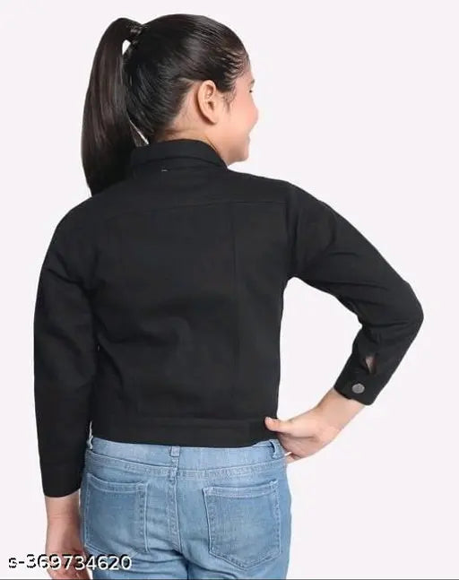 Black cotton solid kids jacket, three-quarter sleeves, nature craft design for casual outings
