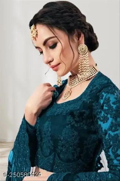 Teal embroidered net lehenga choli with sequinned dupatta - elegant party wear Indo Western set for festive occasions, semi-stitched with a 42m waist and ready to elevate your style