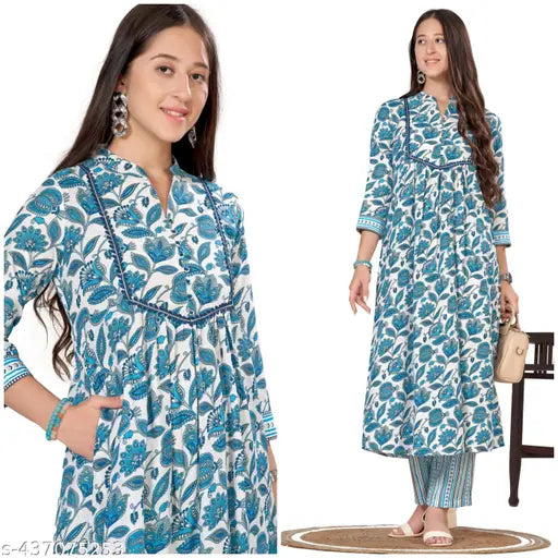 Blue and White Floral Printed Cotton Blend Rayon Anarkali Kurta Pant Set with Pockets Gotta Patti Detailing, perfect for festive or casual wear