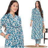 Blue and White Floral Printed Cotton Blend Rayon Anarkali Kurta Pant Set with Pockets Gotta Patti Detailing, perfect for festive or casual wear