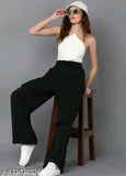 Black polyester solid bell bottom pants, elastic waist suitable for sizes S-XXXL, contemporary casual fashion for women