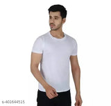 Black, blue, and white men's t-shirts in polyester - solid color, short sleeves, S, M, L, XL, XXL for daily wear with jeans or casual/formal trousers. Made in India