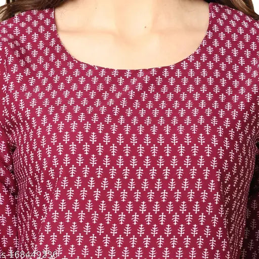 Stylish wine color crepe kurta & black rayon palazzo set, printed motif, short sleeves & side slit, ideal for summer festivities