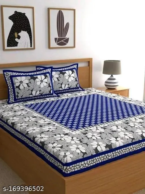 Multicolor Jaipuri printed cotton double bed sheet (100x90), 100% cotton with two pillow covers