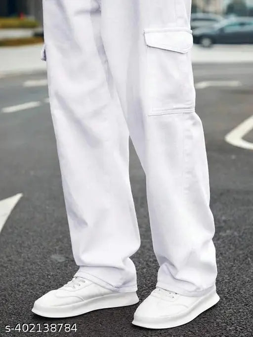 Pure white denim baggy cargo jeans for men, solid net, size 28 (waist 26in, length 40in), country of origin India