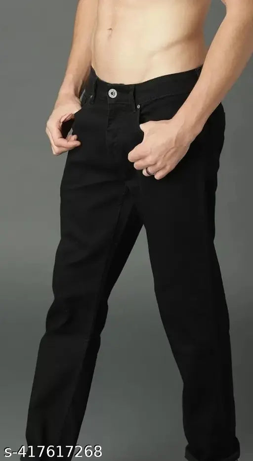 Men's cotton blend black mid-rise jeans, slim fit with modern washed pattern. Comfortable mid-rise for size 28, 30, or 32 (waist: 28/30/32, length: 40 in, hip: 35/37/39 in). Made in India