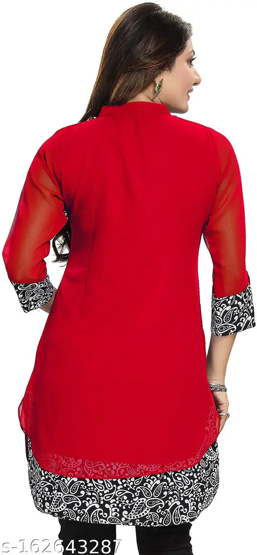 Red and white solid aline kurta, three-quarter sleeves on georgette fabric. Women's Indian fashion wear