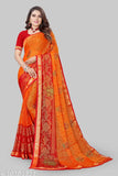 Trendy chiffon saree with silk blouse, printed pattern matching border, free size, 5.5m length