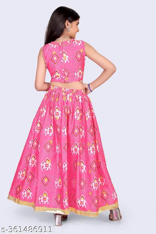 Stylish cotton-linen kids' lehenga choli set with floral print, sleeveless top and matching dupatta