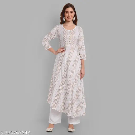Gold printed rayon Anarkali Kurti & Palazzo Set for women and girls, stylish Indian occasion wear with three-quarter sleeves, perfect for family events or casual outings