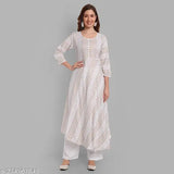 Gold printed rayon Anarkali Kurti & Palazzo Set for women and girls, stylish Indian occasion wear with three-quarter sleeves, perfect for family events or casual outings
