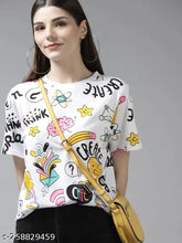 White cotton oversize round neck printed t-shirt for women, featuring short sleeves and vibrant design, perfect for casual wear