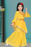 Georgette kids sharara set with embellished A-line kurta and palazzos, ideal for summer parties. Sizes: 6-7 Years, 7-8 Years, 8-9 Years, 9-10 Years. Indian-made cotton blend
