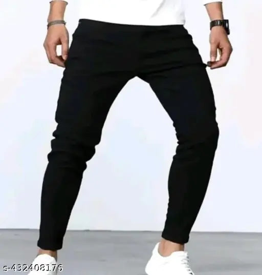 Attractive Men's black denim jeans, regular fit with five pockets. Classic and versatile style suitable for casual or semi-formal settings