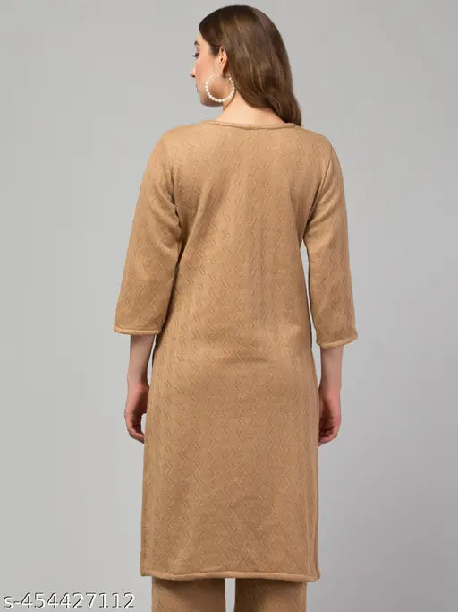 Hand-embroidered wool winter kurta in solid design, featuring round neck and rainbow yarn detailing. Women's size S - XXL, ideal for ethnic wear during chilly weather. Premium quality Indian handcraft
