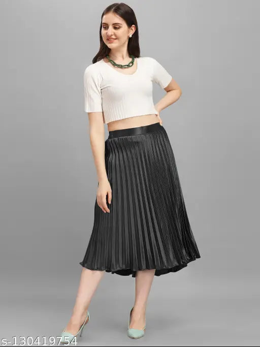 Satin pleated midi skirt, elastic waistband, western style, solid color, travel-friendly, perfect for Indian women