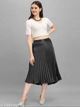 Satin pleated midi skirt, elastic waistband, western style, solid color, travel-friendly, perfect for Indian women