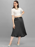 Satin pleated midi skirt, elastic waistband, western style, solid color, travel-friendly, perfect for Indian women