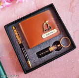 Customised brown faux leather wallet with black gold crush pen and keychain combo set - perfect unique gift for him or her