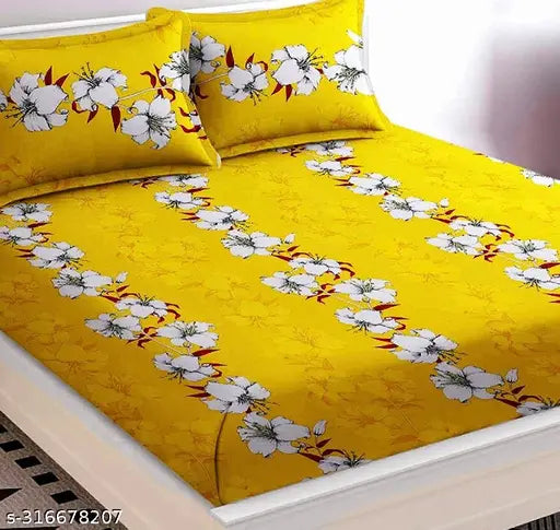 KIRAT cotton elastic king size fitted bedsheets with 2 pillow covers, double bed in botanical print, 72x78+10 inches