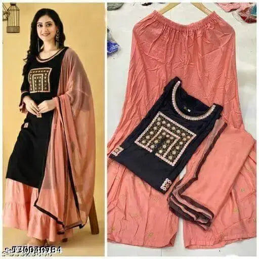Rayon Banita Sensational Women's Kurta Set with Dupatta and Sharara, embroidered net, three-quarter sleeves, sizes M to XXL, Indian origin