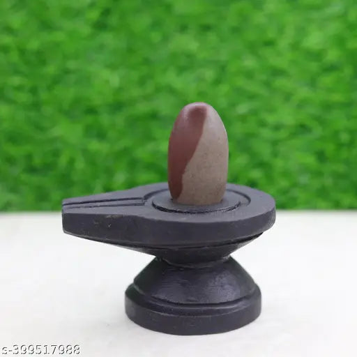 Marble 2 inch Narmadeshwar Shivling with black jaladhari yoni base, traditional Indian religious home puja item