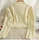 Cream wool cropped cardigan, cherry patterned, imported winter trendy design
