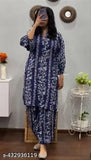 Rayon cord set, stylish casual women's kurta & palazzos with Afghani pant, printed net fabric, three-quarter sleeves, Indian origin