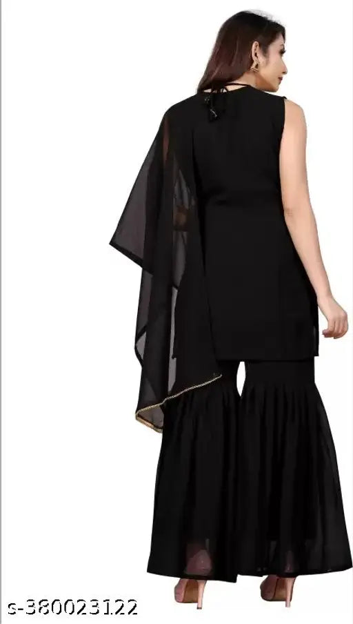 Black georgette embroidered sharara set with dupatta and bottomwear for women, perfect for weddings and special occasions. Sizes available: S (36m), M (38m), L (40m), XL (42in), XXL (44m). Made in India