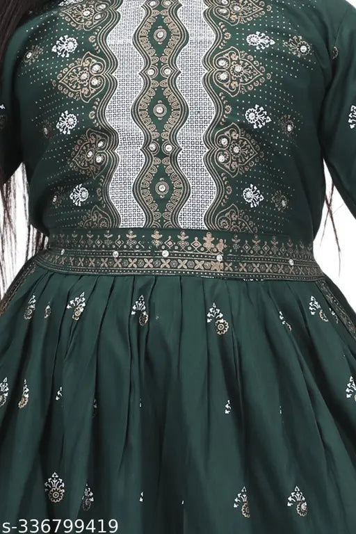 Green Rayon Kid's Naira Cut Kurta set, vibrant print on straight, knee-length top with three-quarter sleeves