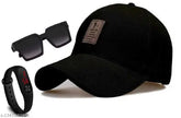 Stylish black baseball cap with adjustable fit, featuring printed net design, LED band watch, and Badshaah trend sunglasses by Ediko brand - Accessory set for men and boys