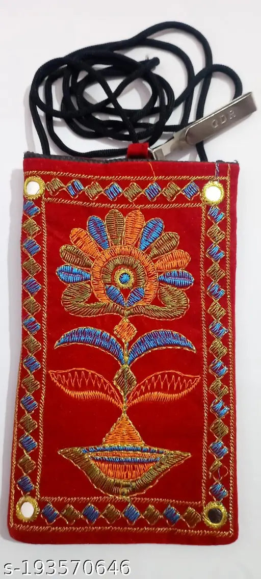 Embroidered PU Rajasthani purse for women, 2 compartments, fits iPhone & Samsung. Vibrant organic cotton fabric, thread & floral embroidery." (106 characters)