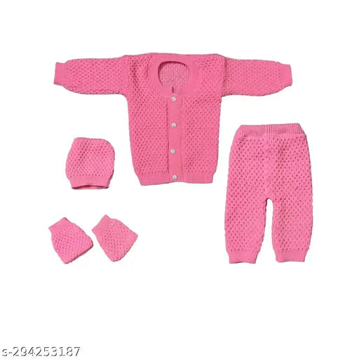 Wool unisex pink sweater set, self-design net pattern, suitable for infants and toddlers, Indian origin