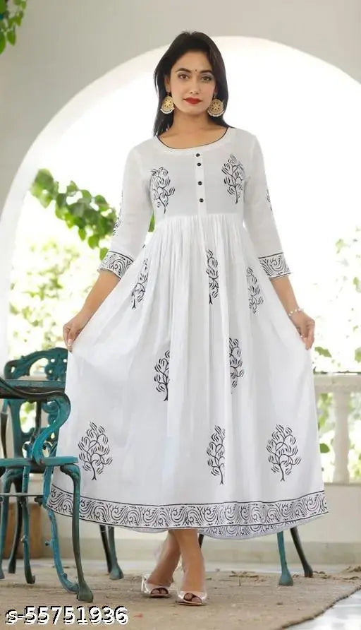 Black cotton printed Anarkali kurti, three-quarter sleeves, casual design