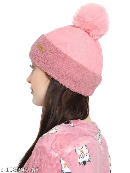 Pink wool beanie with fur pom pom, warm and stylish women & girls winter accessory