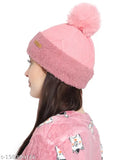 Pink wool beanie with fur pom pom, warm and stylish women & girls winter accessory