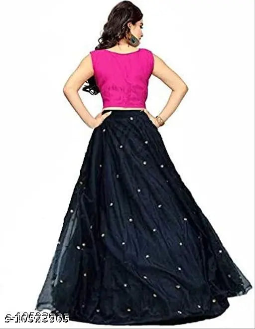 Black banglory silk lehenga with embroidered blouse, intricate Bollywood-inspired net work design on new women's fashion piece, Free Size (Lehenga waist 42in x length 44in), India origin