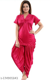 Satin calf-length fancy women's nighty set, solid color and stylish sleepwear for ladies, originates from India
