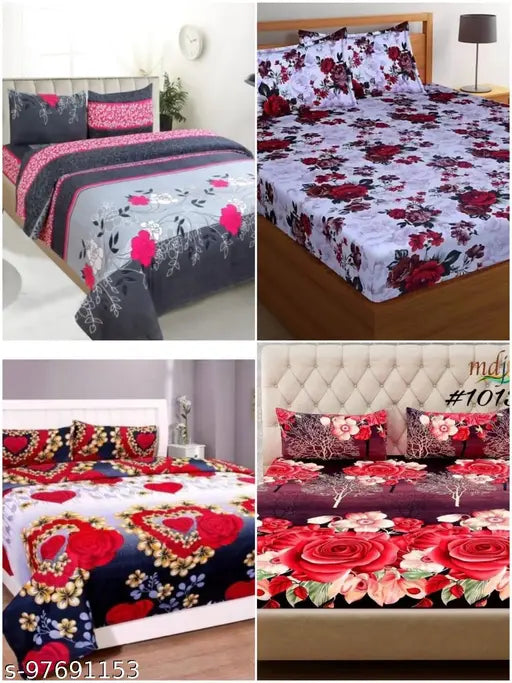 Indian Glace Cotton 3D Printed double bed sheets (90x90) combo of 4, with matching pillow covers (27x17). Superfine summer quality bedding by BSR TEXTILE