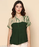 Ombre Dyed Olive Green Rayon Top, short sleeves, Chinese neck collar, printed pattern on display, Indian-made