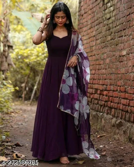 Georgette wine gown, formal floral print on Indian duppata - XS to XXXL