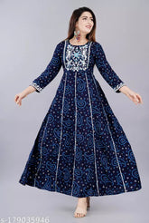 Rayon Anarkali frock suit, three-quarter sleeve printed combo, Indian fashion, M-XXXL sizes