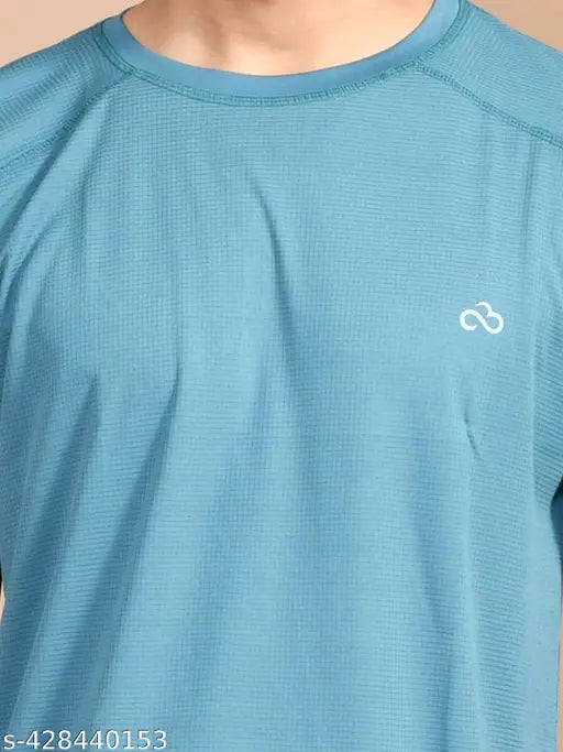 SkyKnit men's lycra sports t-shirt with printed net design - short sleeve gymwear, size M, India
