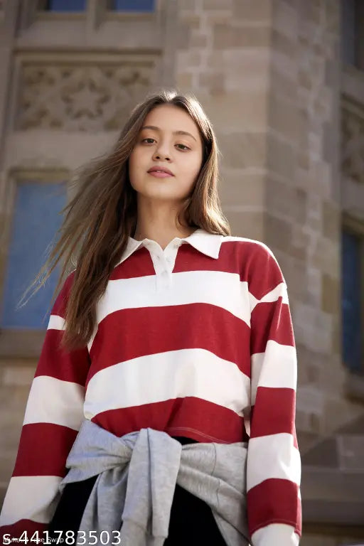 Women's trendy red lining lycra full sleeve top with colorblocked net pattern, size S (bust 36in, length 17in), made in India