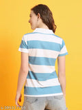 Striped cotton t-shirt, women's basic fit flat knit collar with half zip opening, India origin