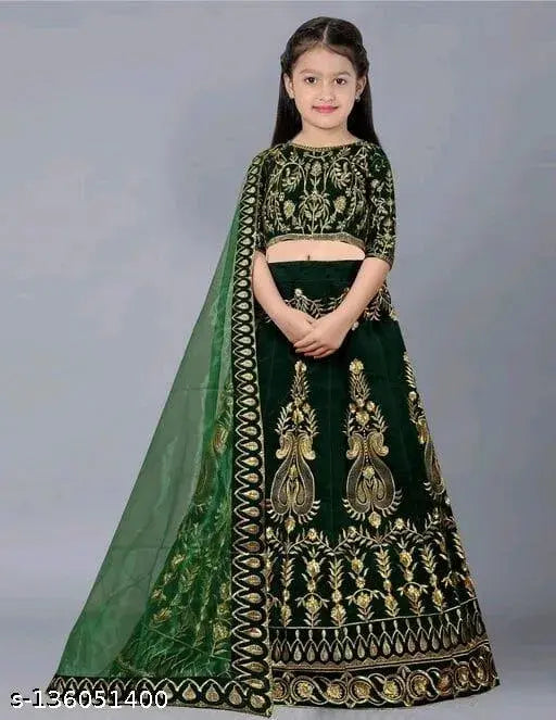 Green velvet lehenga choli and dupatta set for baby girls, semi-stitched with embroidered patterns, suitable for 3-7 years old