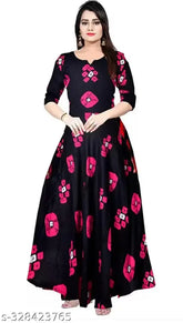 Anarkali pink flower print rayon kurti set for women and girls, long sleeves, dyed/washed design. (125 characters)